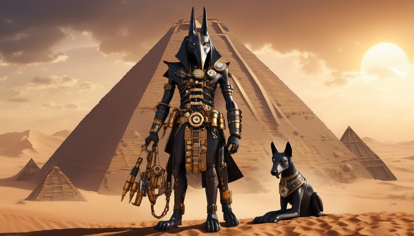 Steampunk Anubis Guarding Desert Pyramid