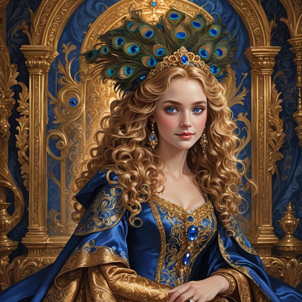 Venetian Maiden with Peacock Feathers and Sapphire Gown