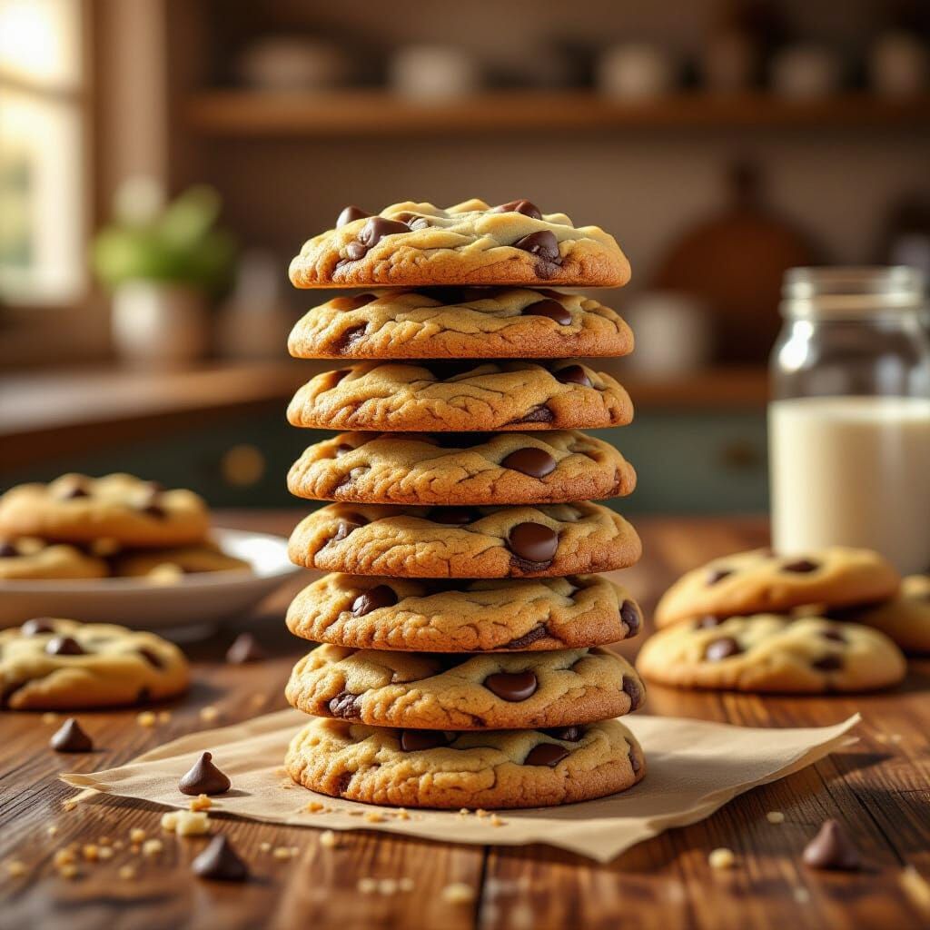 Photorealistic Chocolate Chip Cookies on Rustic Table