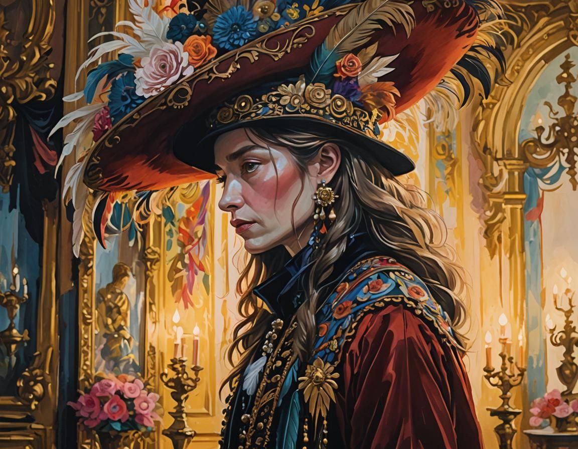 Whimsical Gouache Painting of Character in Ornate Room