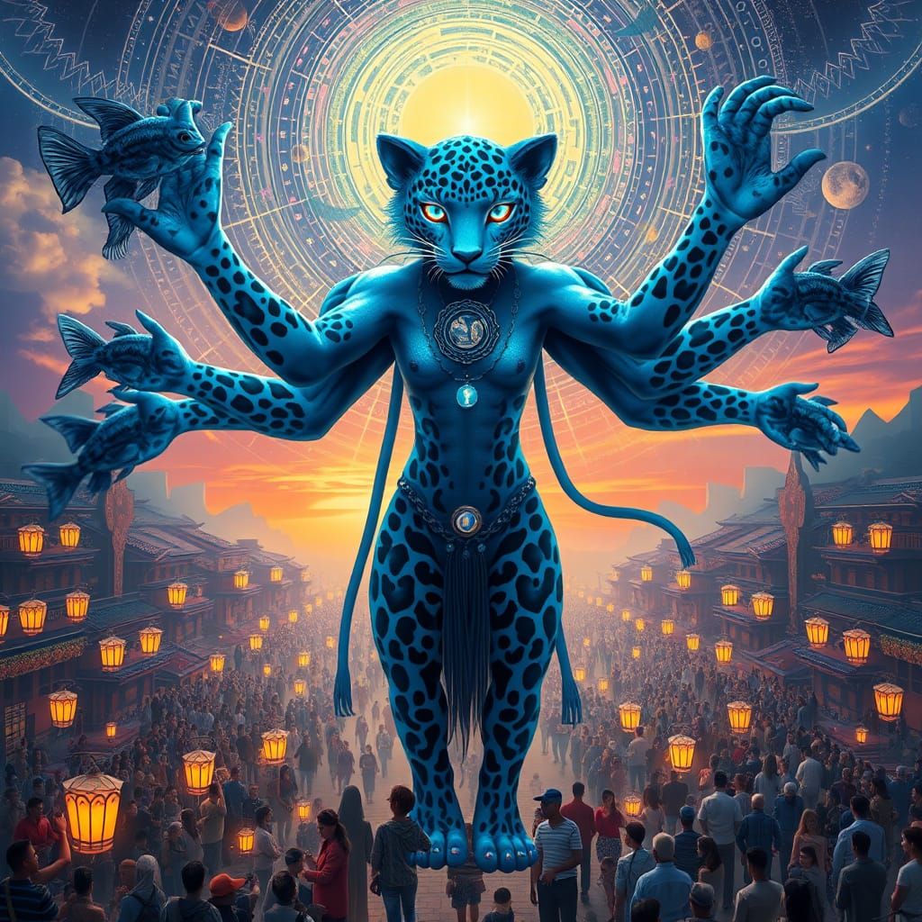 Celestial Leopard Woman in Futuristic Cityscape