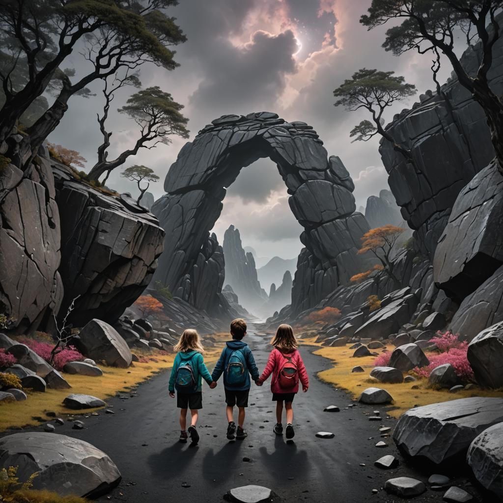 beneath a grey cloudy sky, a little boy & girl are walking h...