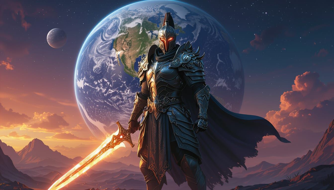 Warrior Before Planet Earth in Detailed Matte Painting