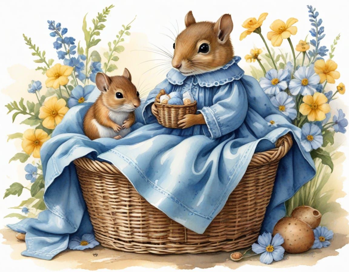 Mother Mouse in a Beautiful Watercolor Garden Scene