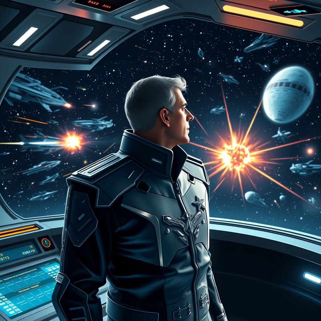 Heroic Starship Captain in Futuristic Bridge Setting