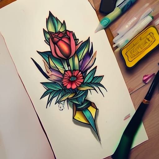 Neo-Traditional Chalice Tattoo with Wildflowers