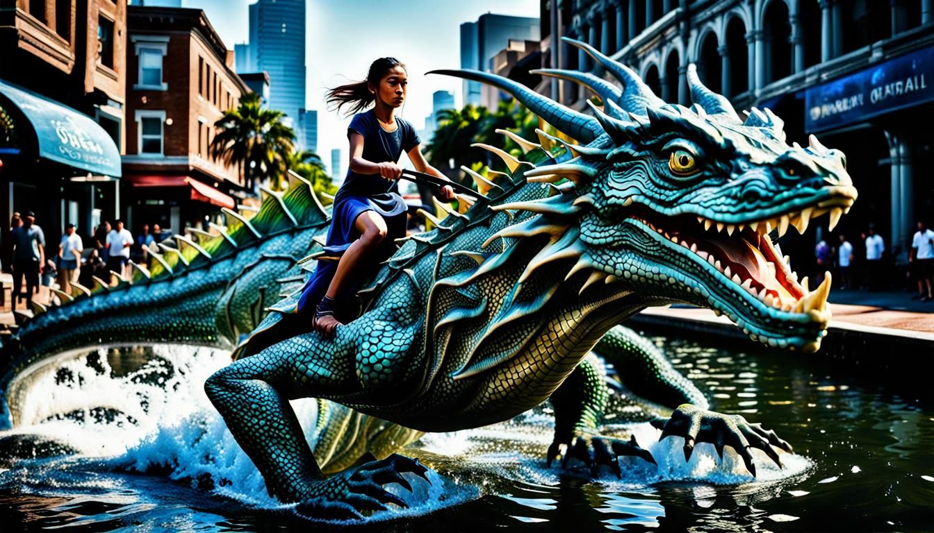 Girl Rides Water Dragon in Hyperrealistic Cityscape