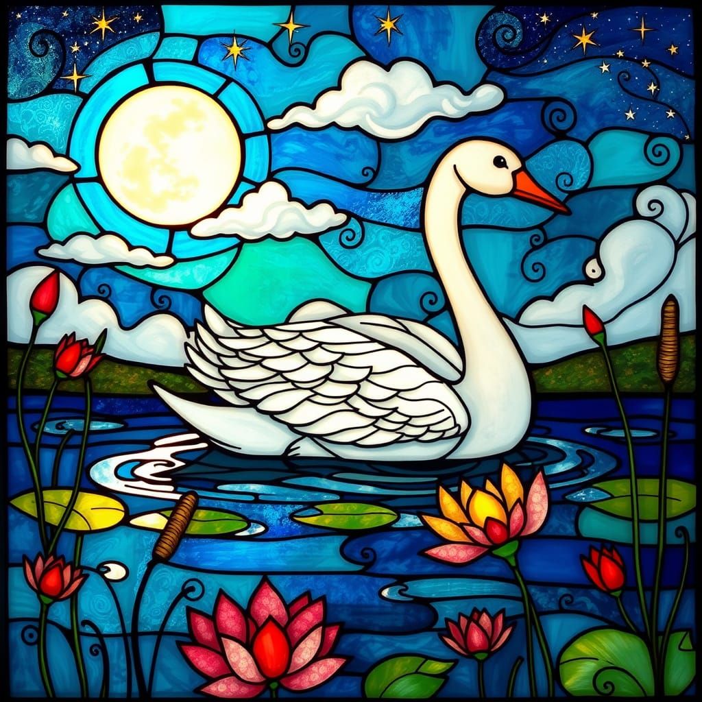 Whimsical Stained Glass Swan on Moonlit Pond