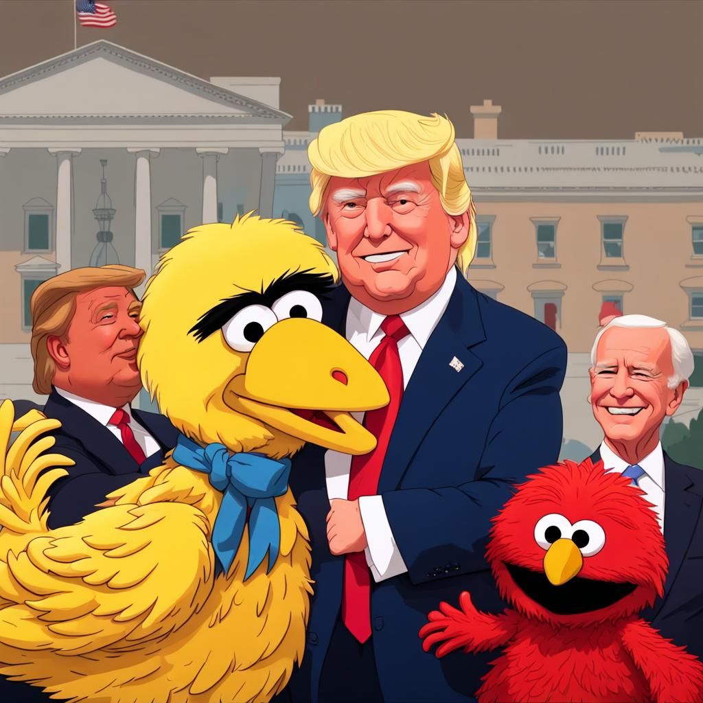 Big Bird Hugs Elmo with Biden and Trump