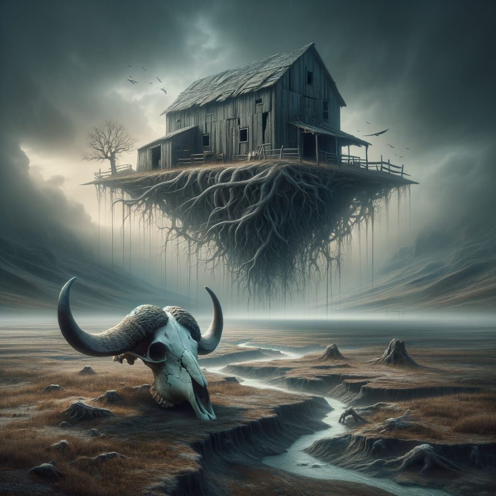 Surreal Western Landscape with Floating Barn