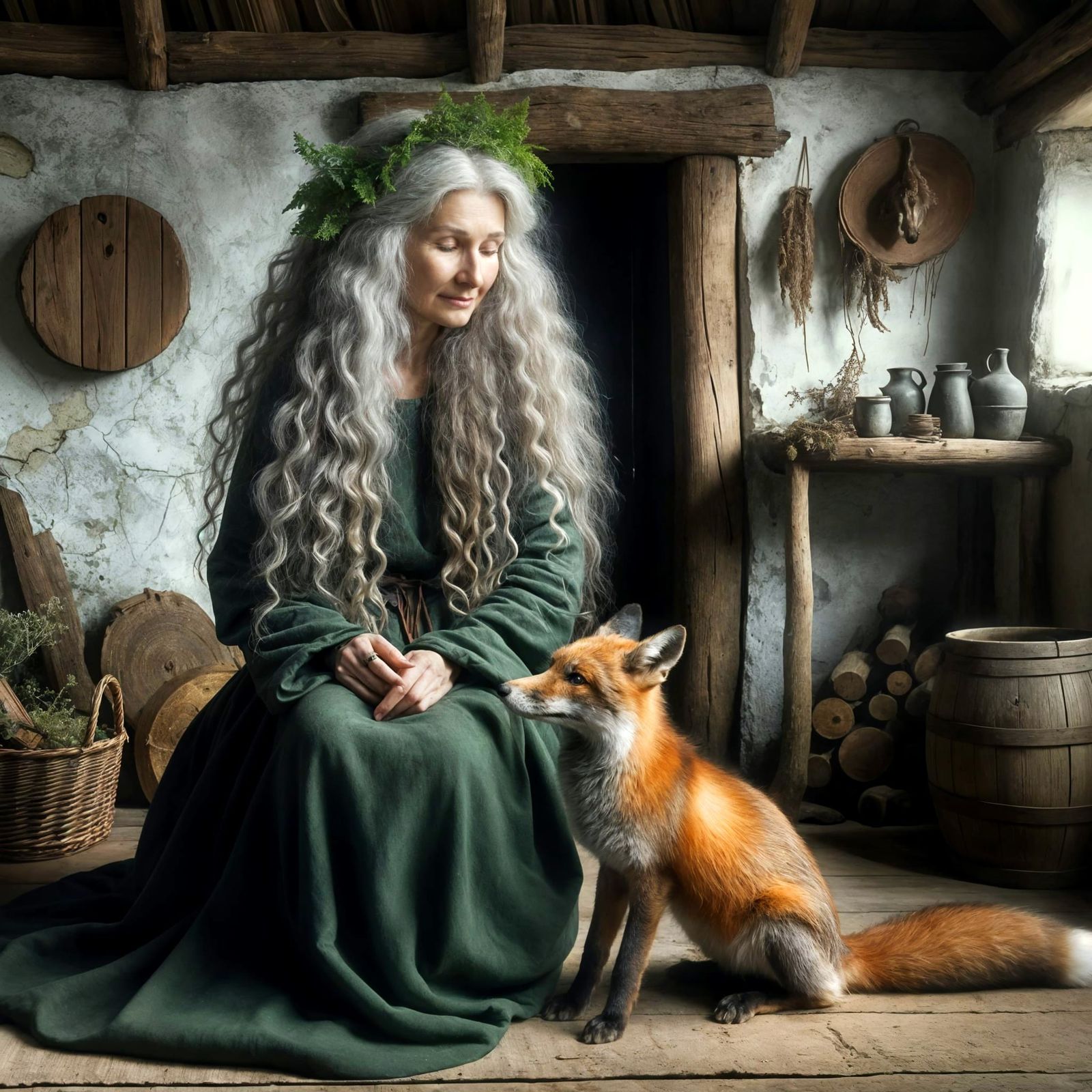 Elderly Druid with Fox in Forest Cottage