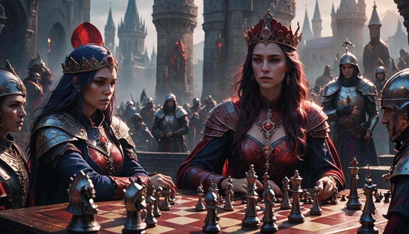 Chessboard Duel: Dark Fantasy Portrait in Indigo and Purple