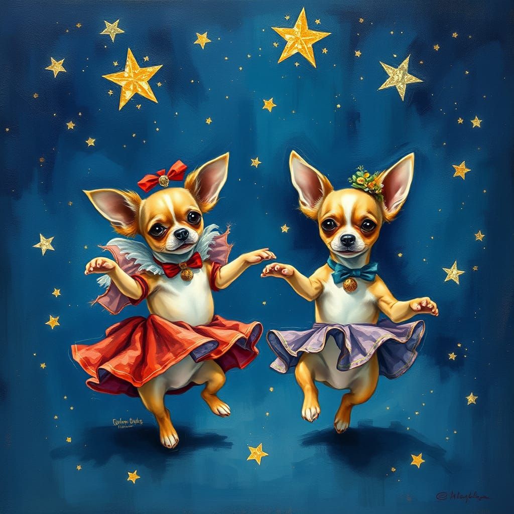 Two Chihuahuas Dance Under Starry Skies in Impressionist Mas...