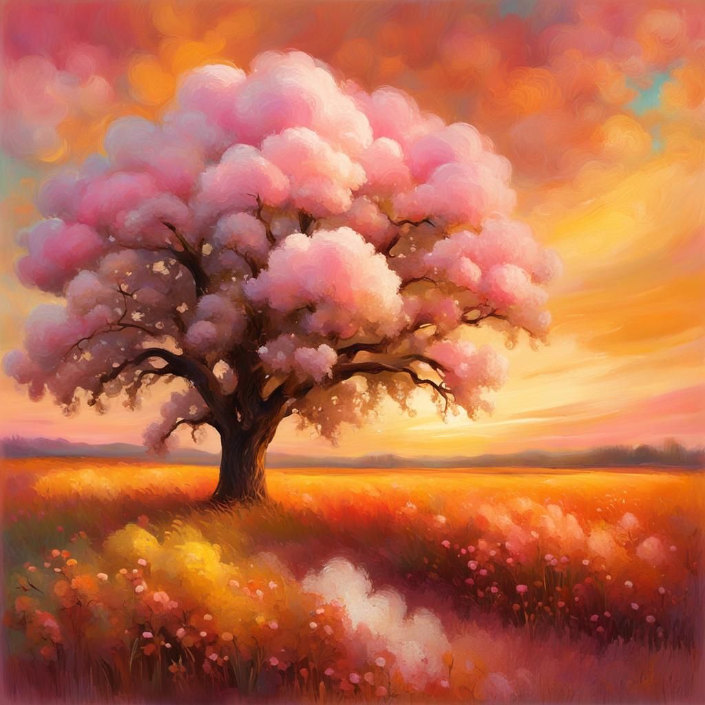 Dreamy Impressionist Landscape with Cherre Tree and Cotton C...