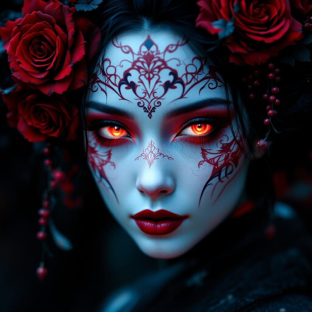 Mystical Geisha in Deep, Rich Colors and Shadows