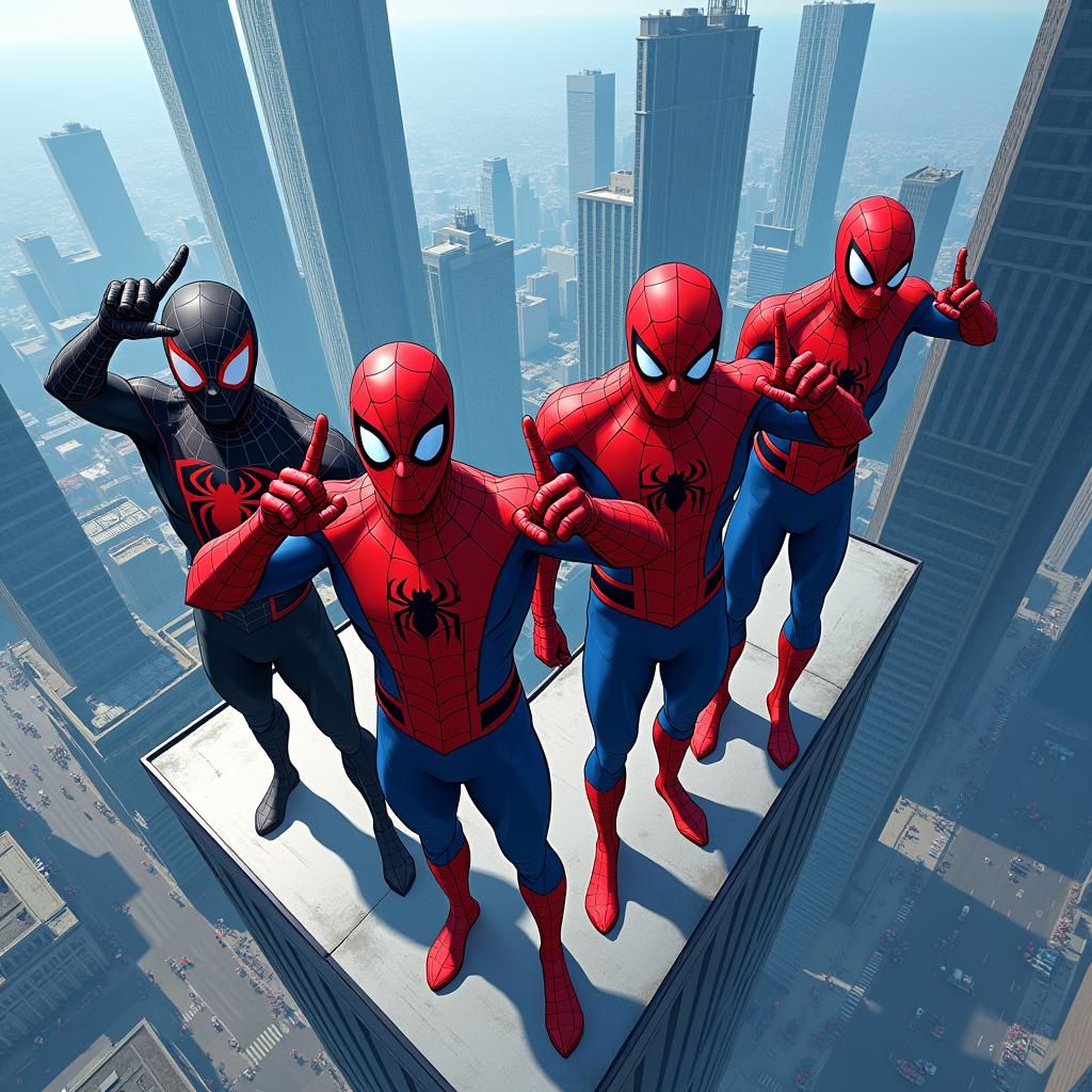 Spider-Men Unite on Skyscraper Edge