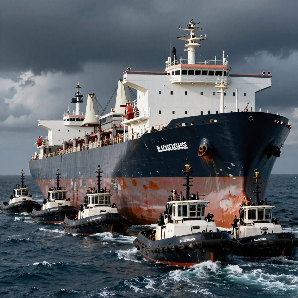 Colossal Cargo Ship with Black Tugboats in Cinematic Style