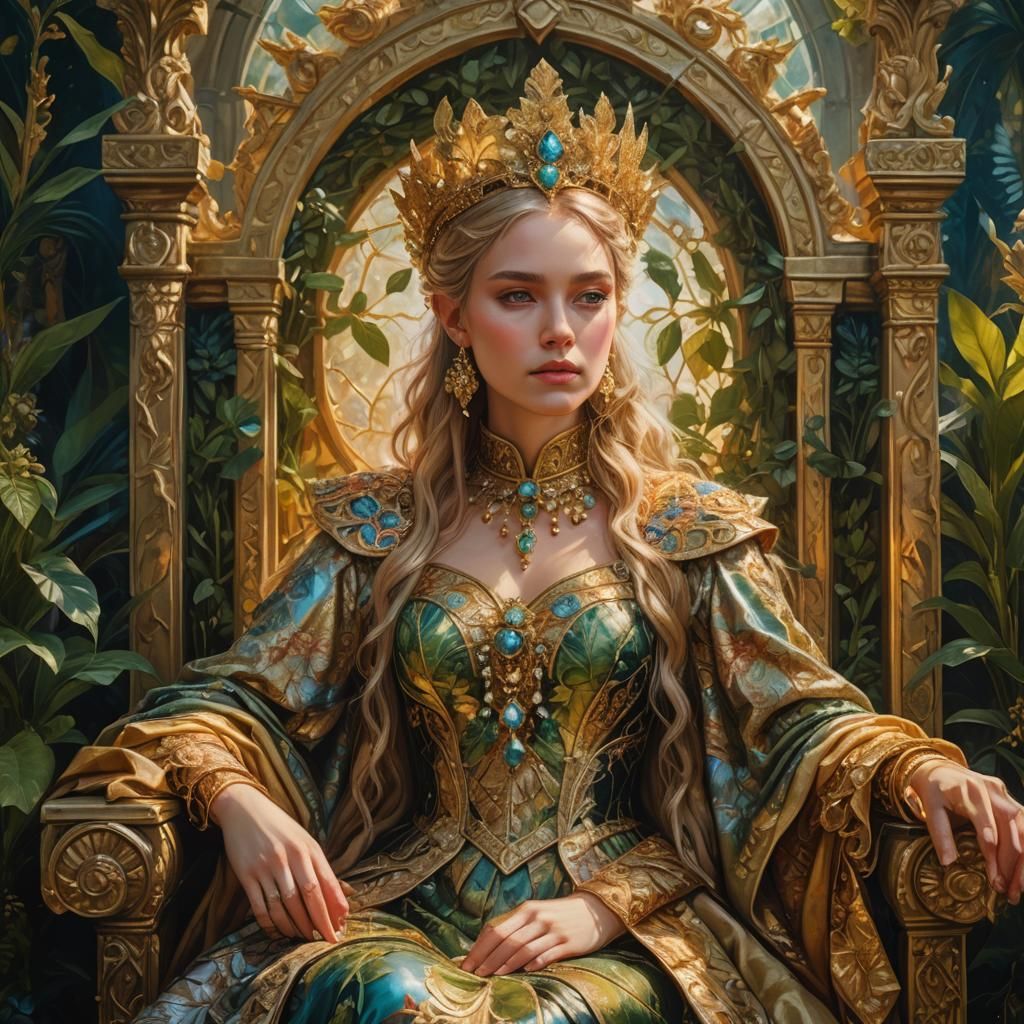 Fantasy Portrait of Girl on Throne in Oil Painting Style