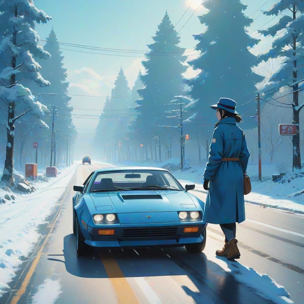 Sleek Woman Cruises Down Snowy Road in Hyperrealistic Blue S...