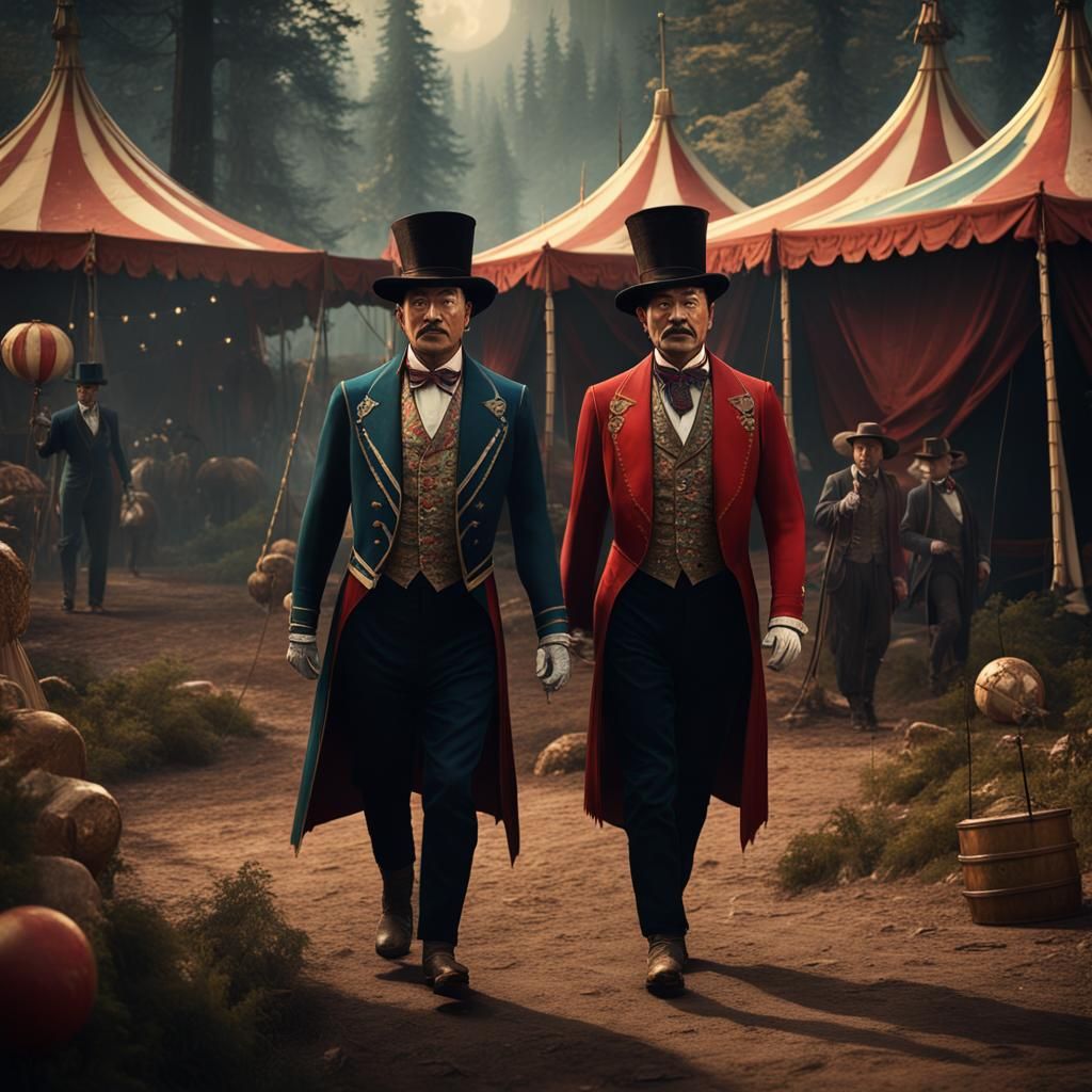 Two Japanese Ringmaster brothers in late 30s walk in forested backdrop away from a circus tent in the Old West. detailed...