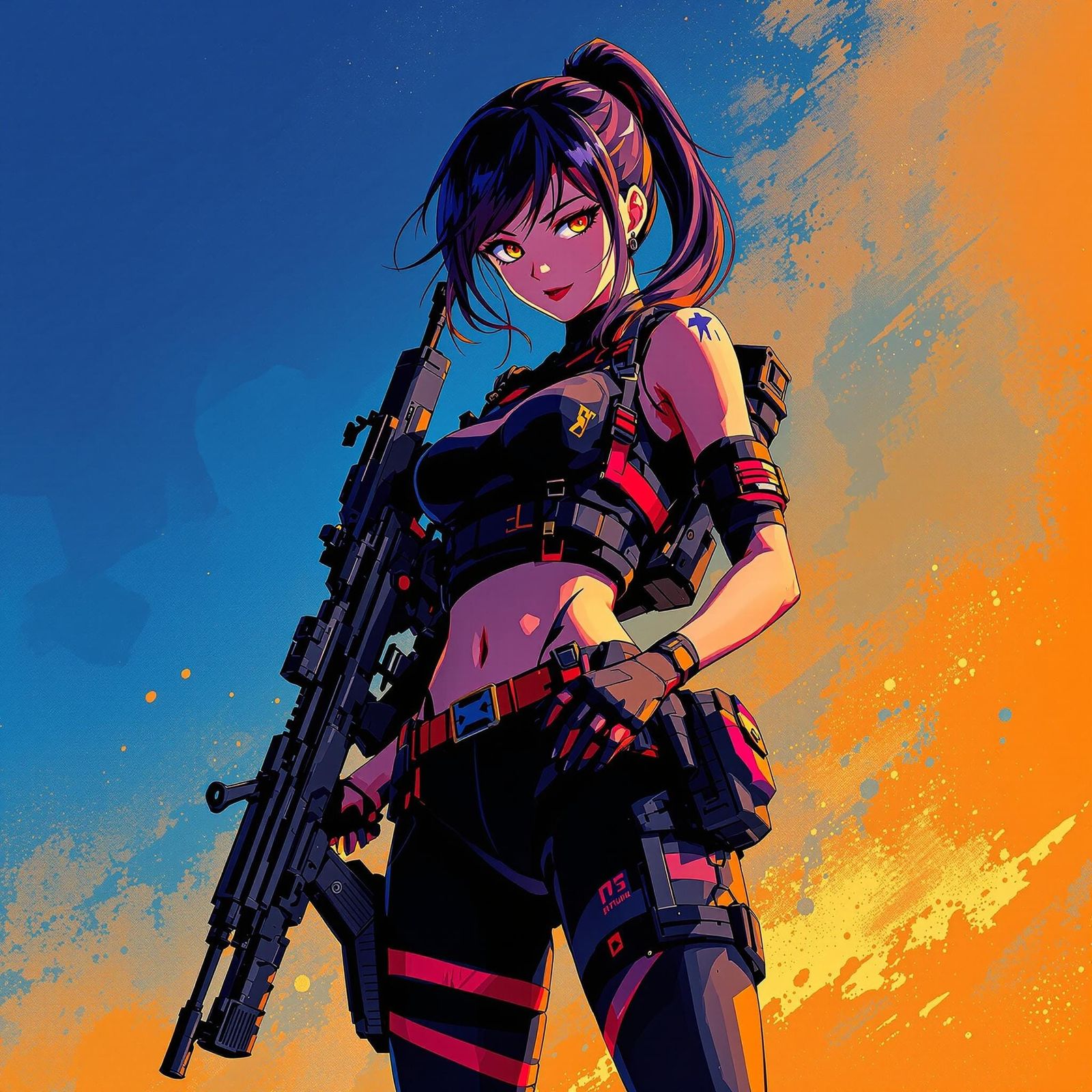 Heroic Anime Girl with Tactical Rifle in a Vibrant, Dynamic ...