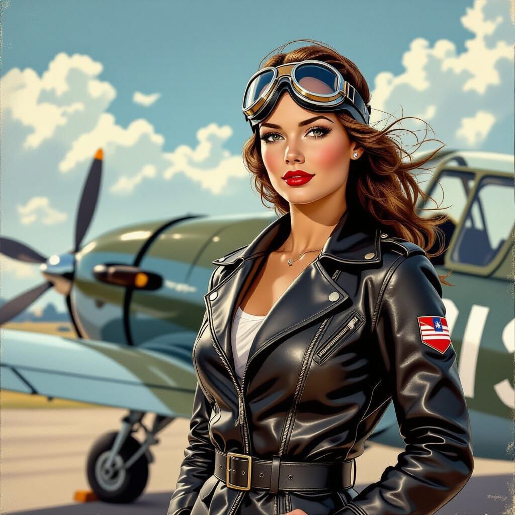 USAAF Supermodel Pilot Beside Messerschmitt Aircraft