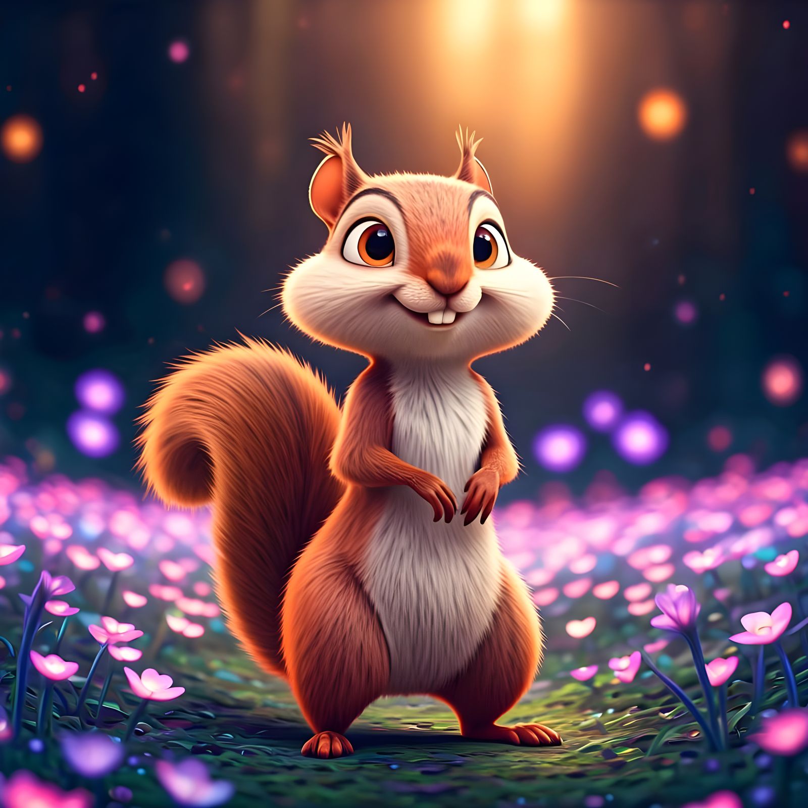 Pixar-Style Squirrel Dancing in Magical Forest