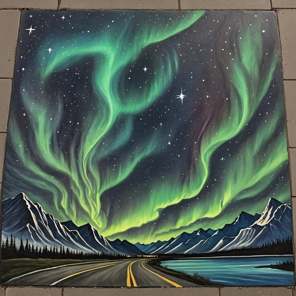 Chalk Art Aurora Borealis on Alaskan Night Sky