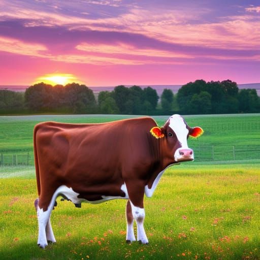 Cow on Blooming Meadow at Sunset: Farm Photography