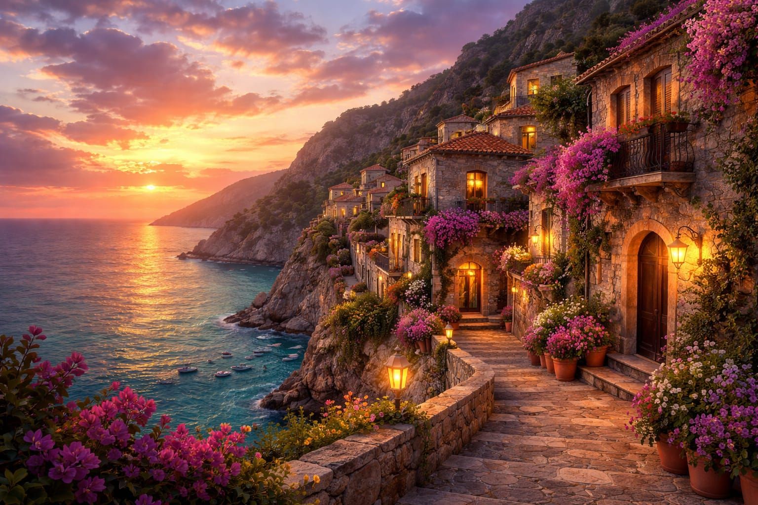 Mediterranean Village at Sunset
