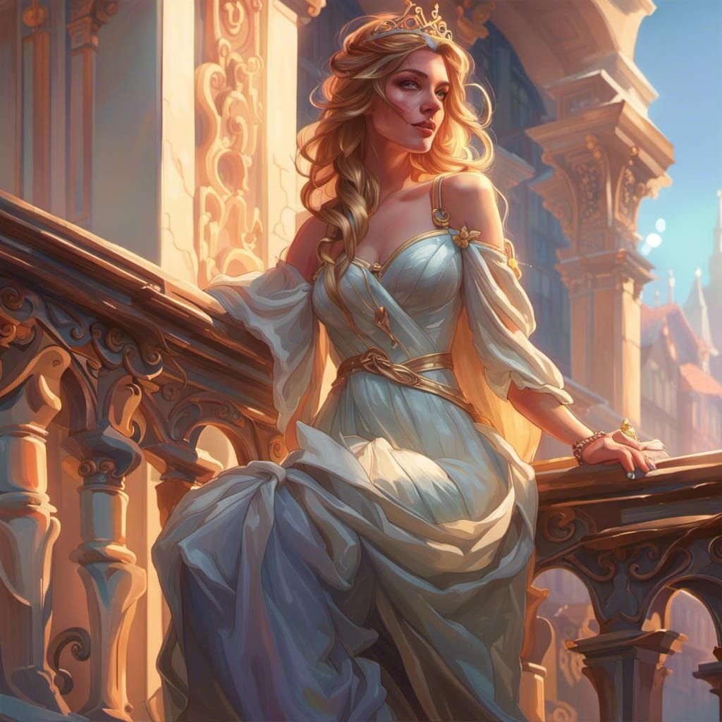 Romantic Princess on Balcony, Art Nouveau Portrait