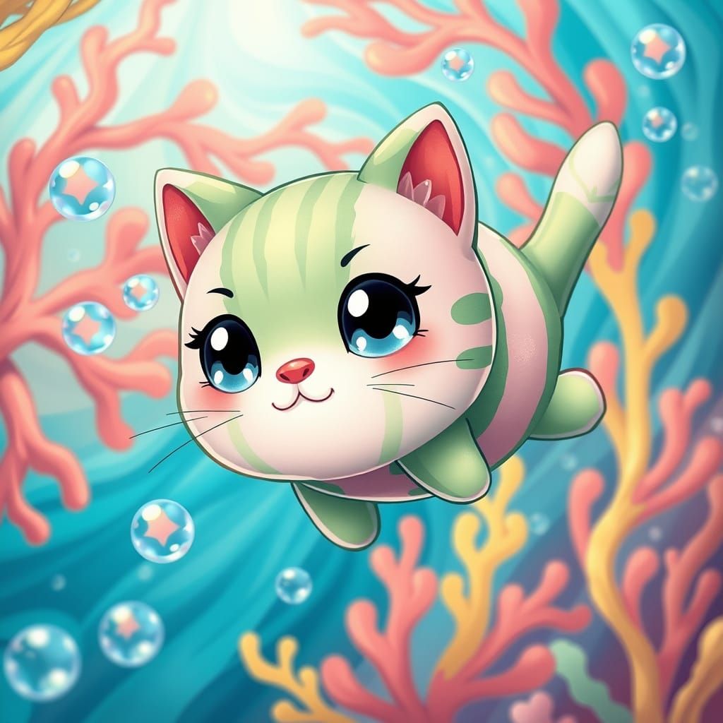 Whimsical Watermelon Cat Swims Playfully Underwater in Paste...