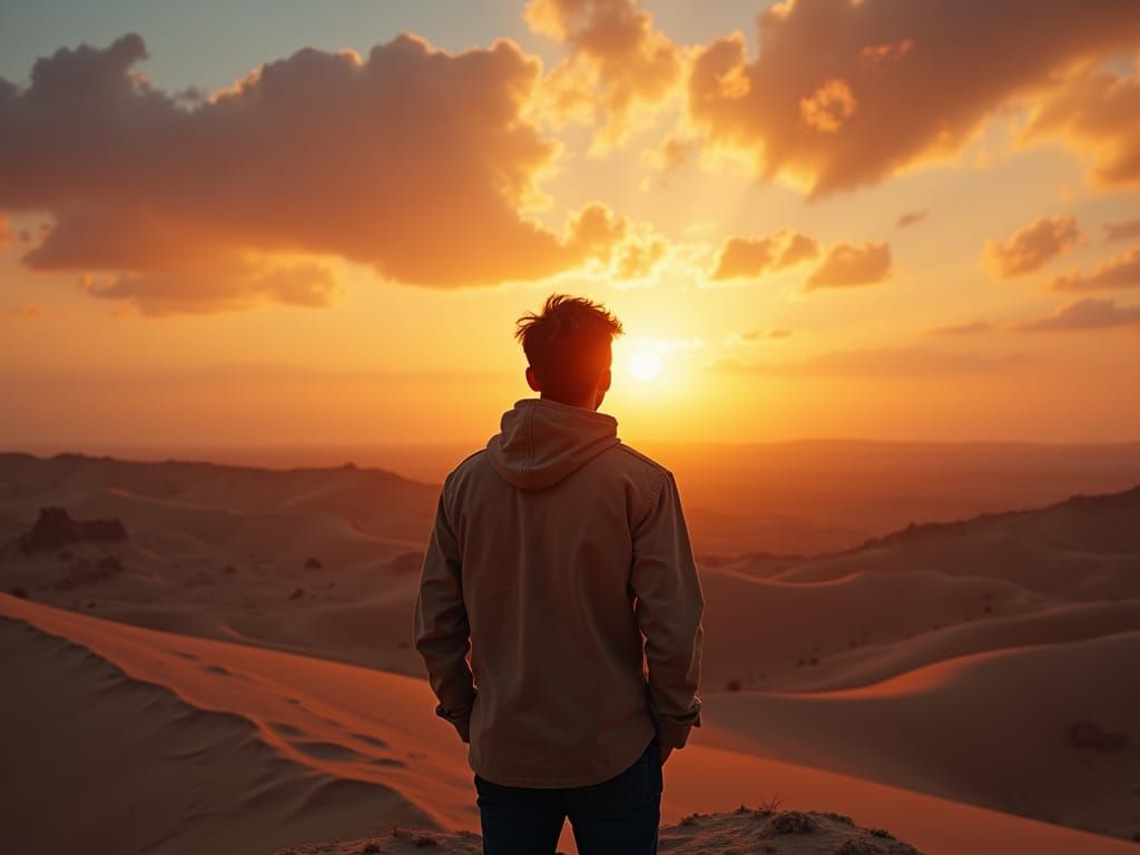 Desert Sunset: Man Gazing at Clouds