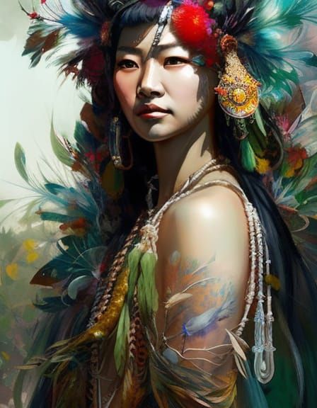 Detailed Watercolor Portrait of Hawaiian Shaman Grandma