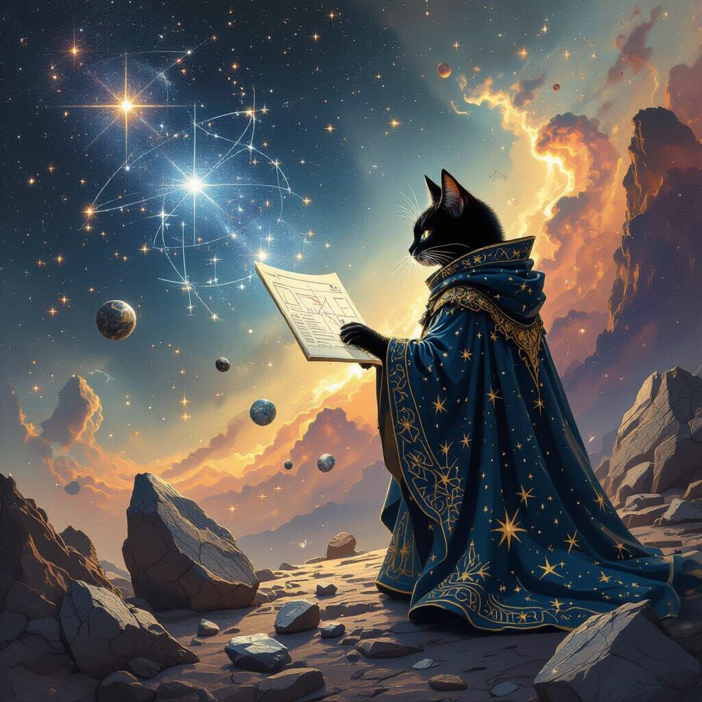 Celestial Cat Charts Constellations in Nebula