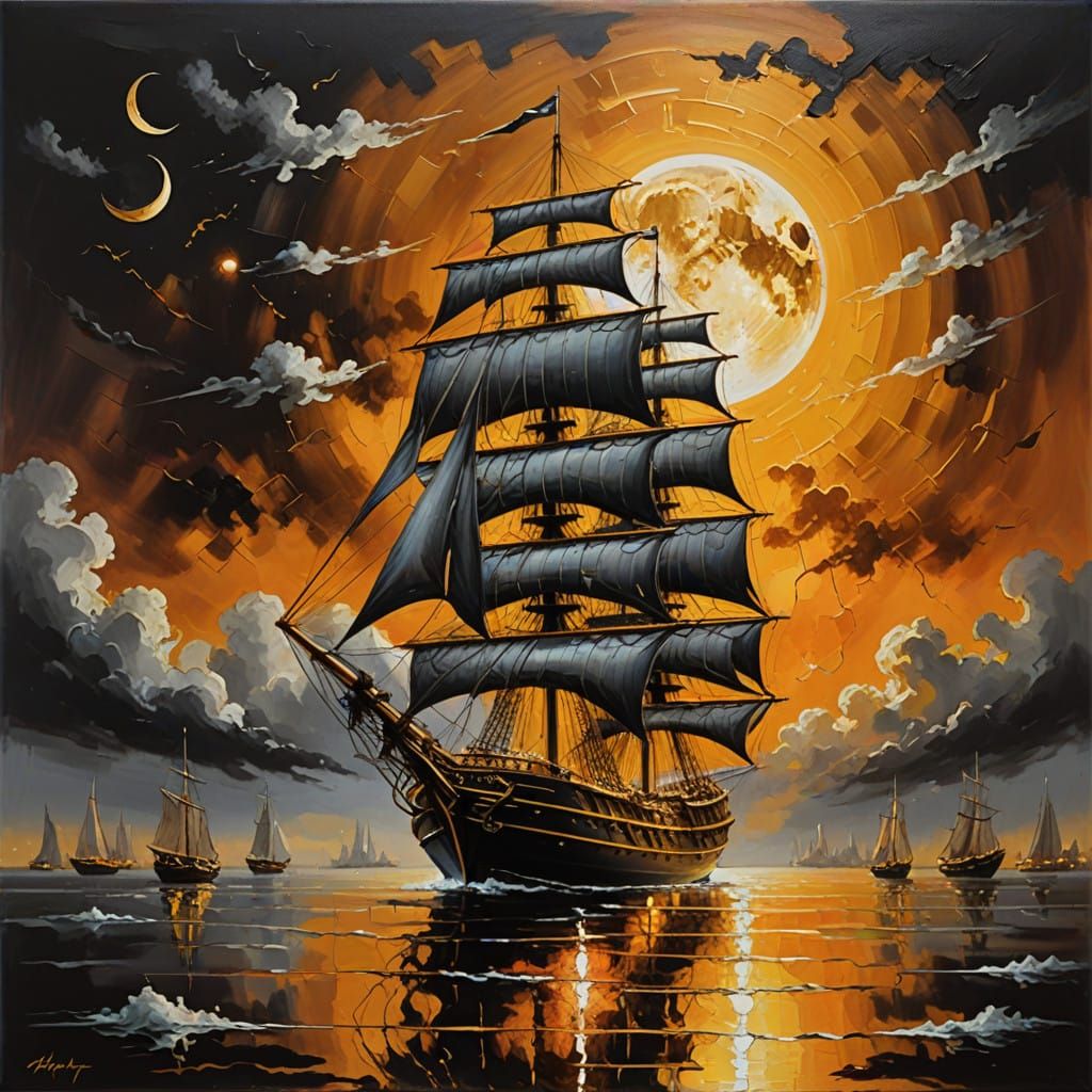 canvas painting, dark brown silver and gold with molten metal Sailing ship with special designed sails, confused clouds ...