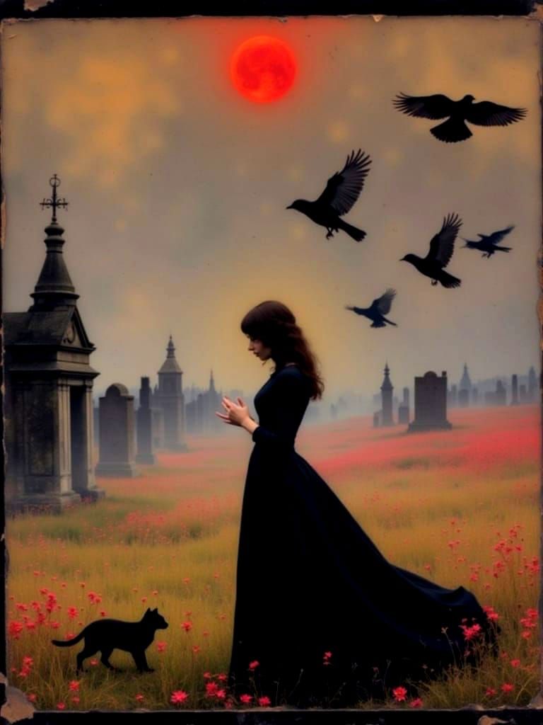 Goth Witch in Ethereal Cemetery with Black Cat