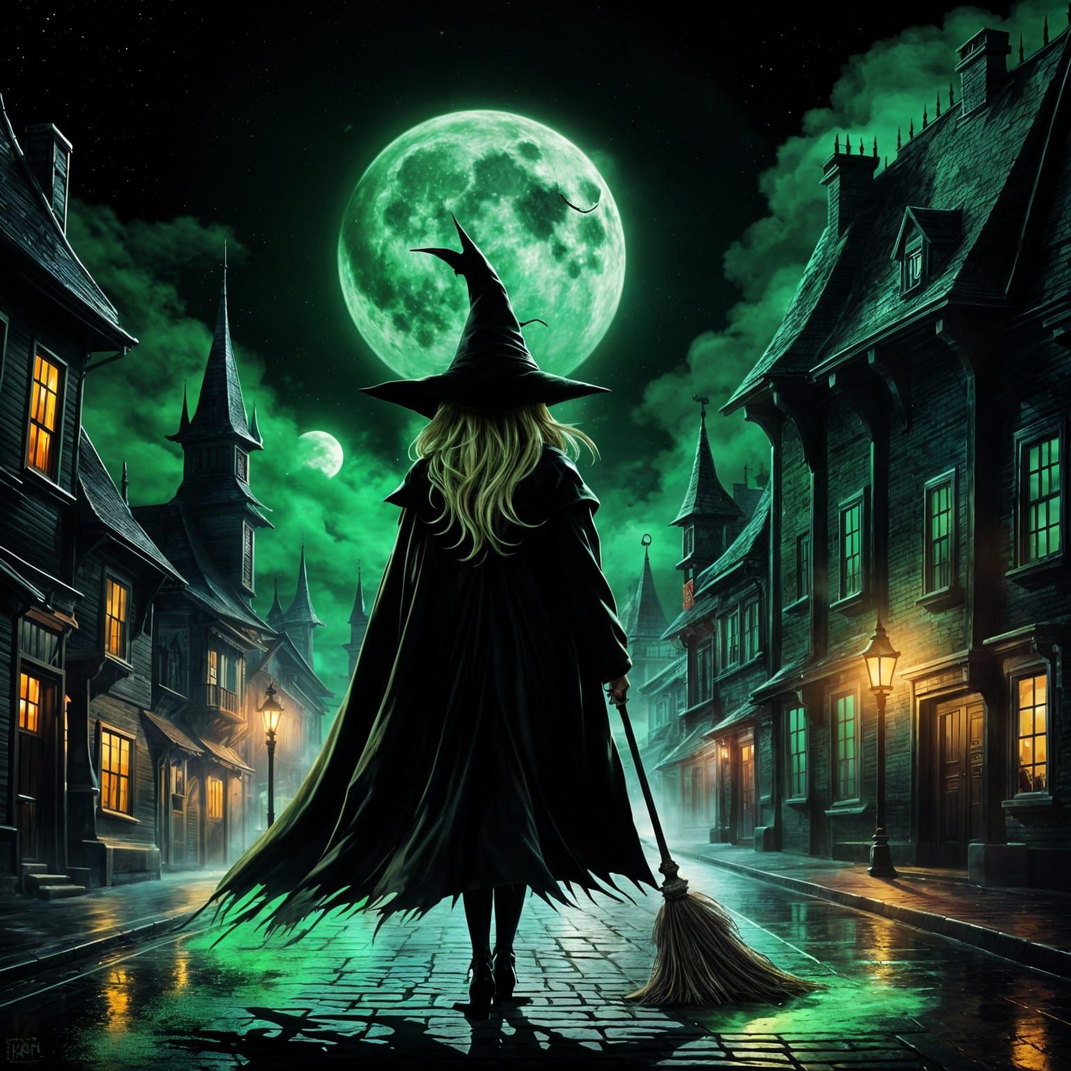 Wicked Witch Rides Through City at Night