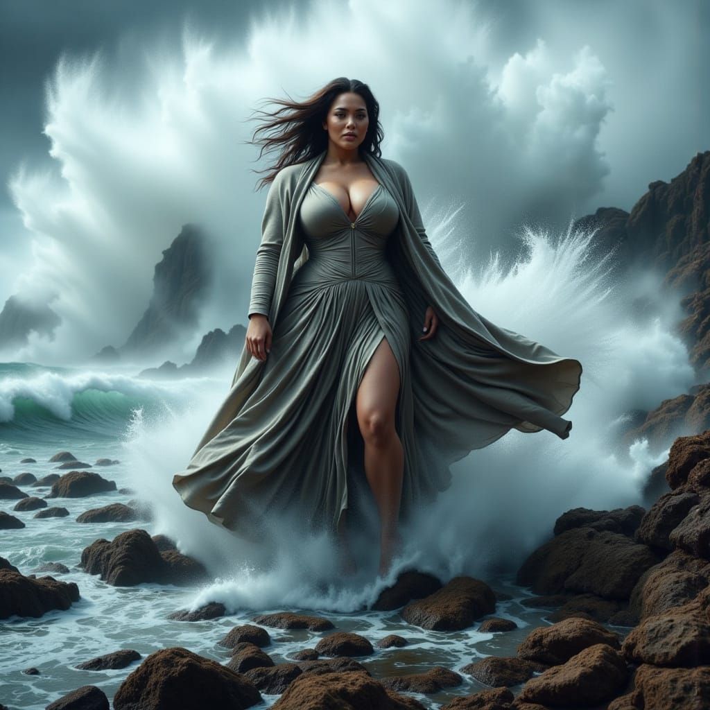 Confident Beauty Amidst Turbulent Waves
