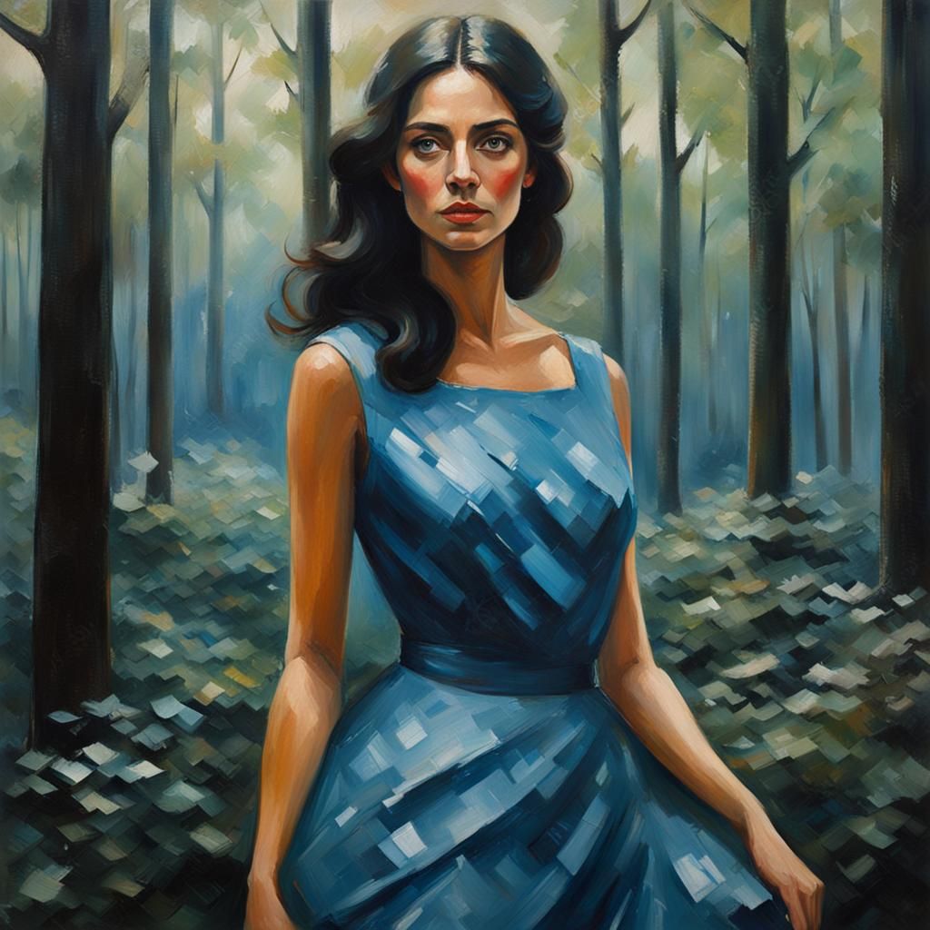 Portrait of Woman in Blue Dress, Oil Painting Style