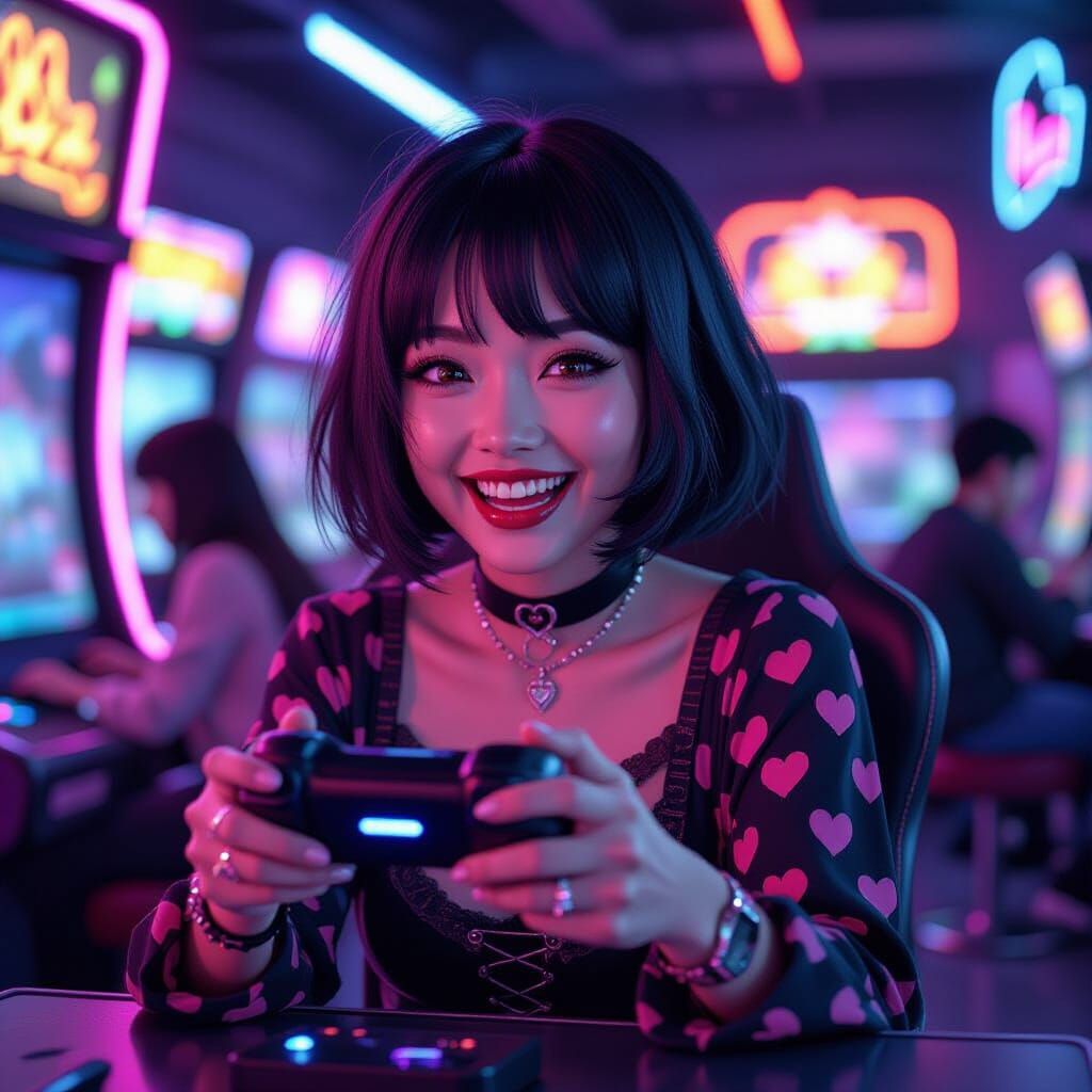 Elderly Thai Woman Enjoys VR in Anime Art Nouveau Style