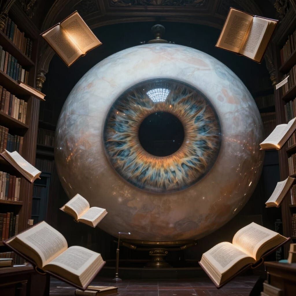 Surreal Library Within Giant Eye, Floating Books
