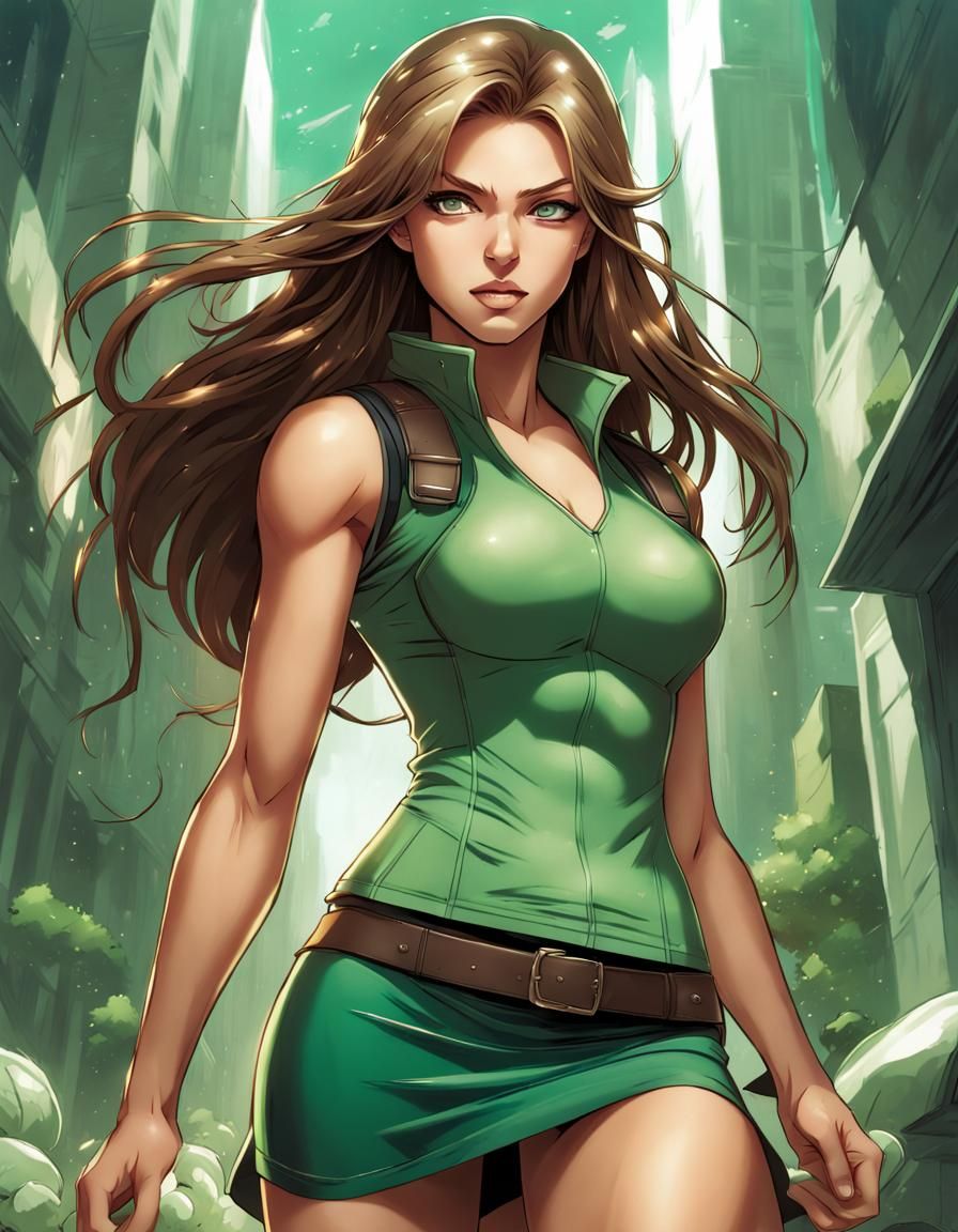 Eurasian Woman in Green: Anime-Style Illustration