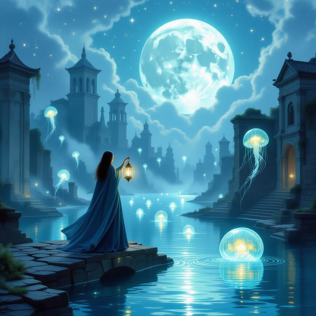 Flooded City Moonrise with Jellyfish, in Kinkade Style