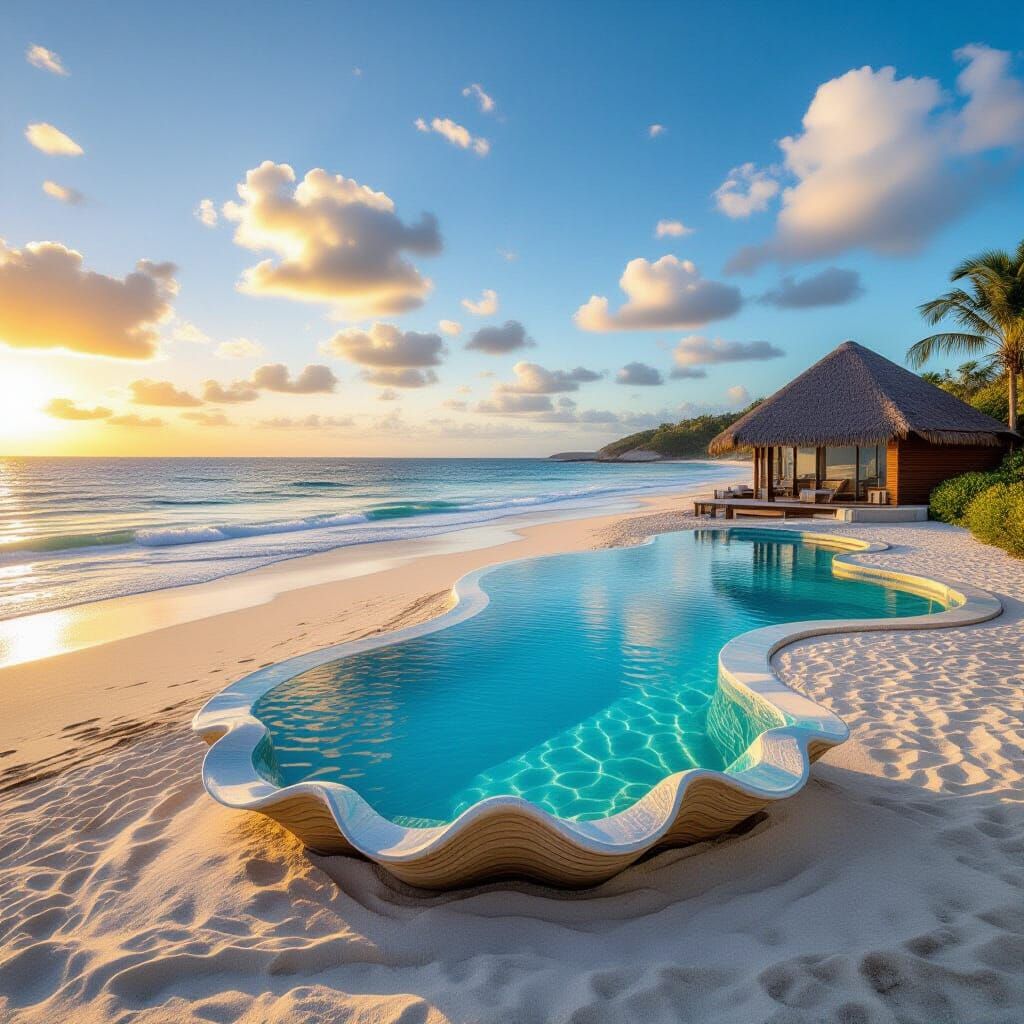 Oyster Fountain on Beach with Bungalow View
