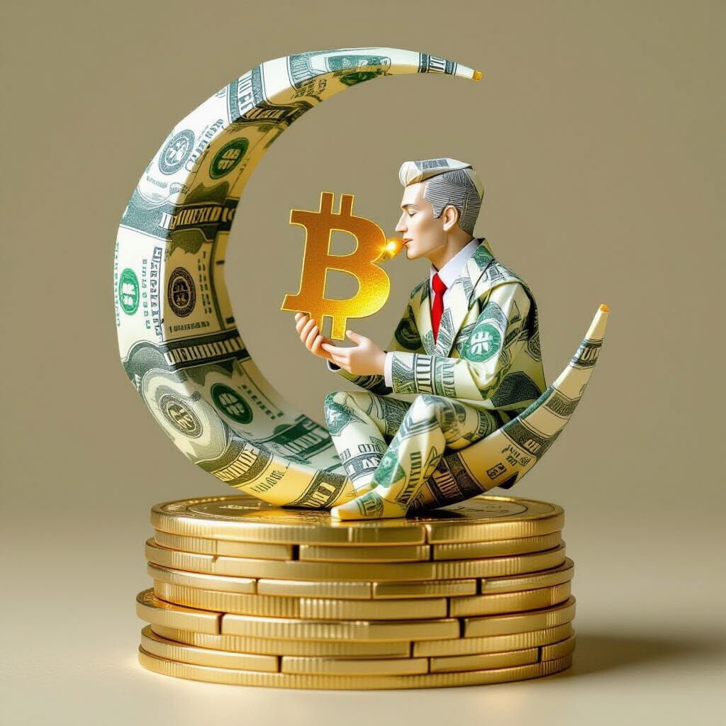 Origami Man Eats Bitcoin Moon Amidst Gold Coins