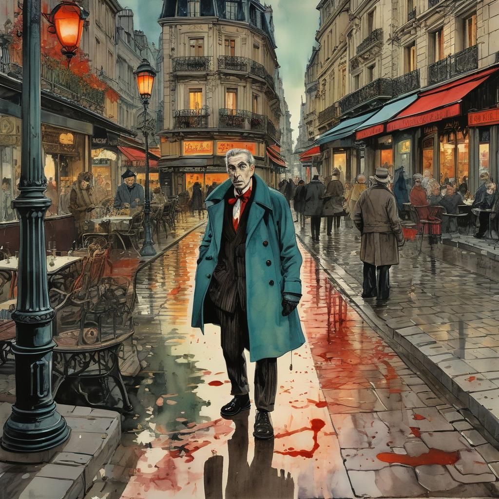 Bloody Vampire in Paris Watercolor Illustration