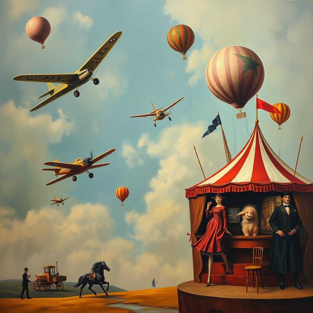 Surreal Flying Circus in a Dreamlike Landscape