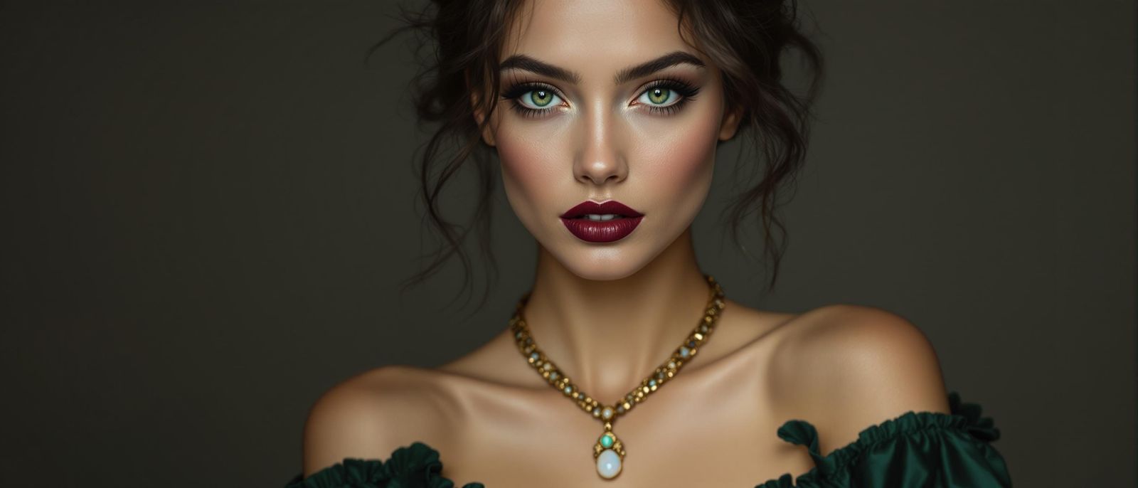 Woman in Creamy-Toned Portrait with Emerald Eyes and Burgund...