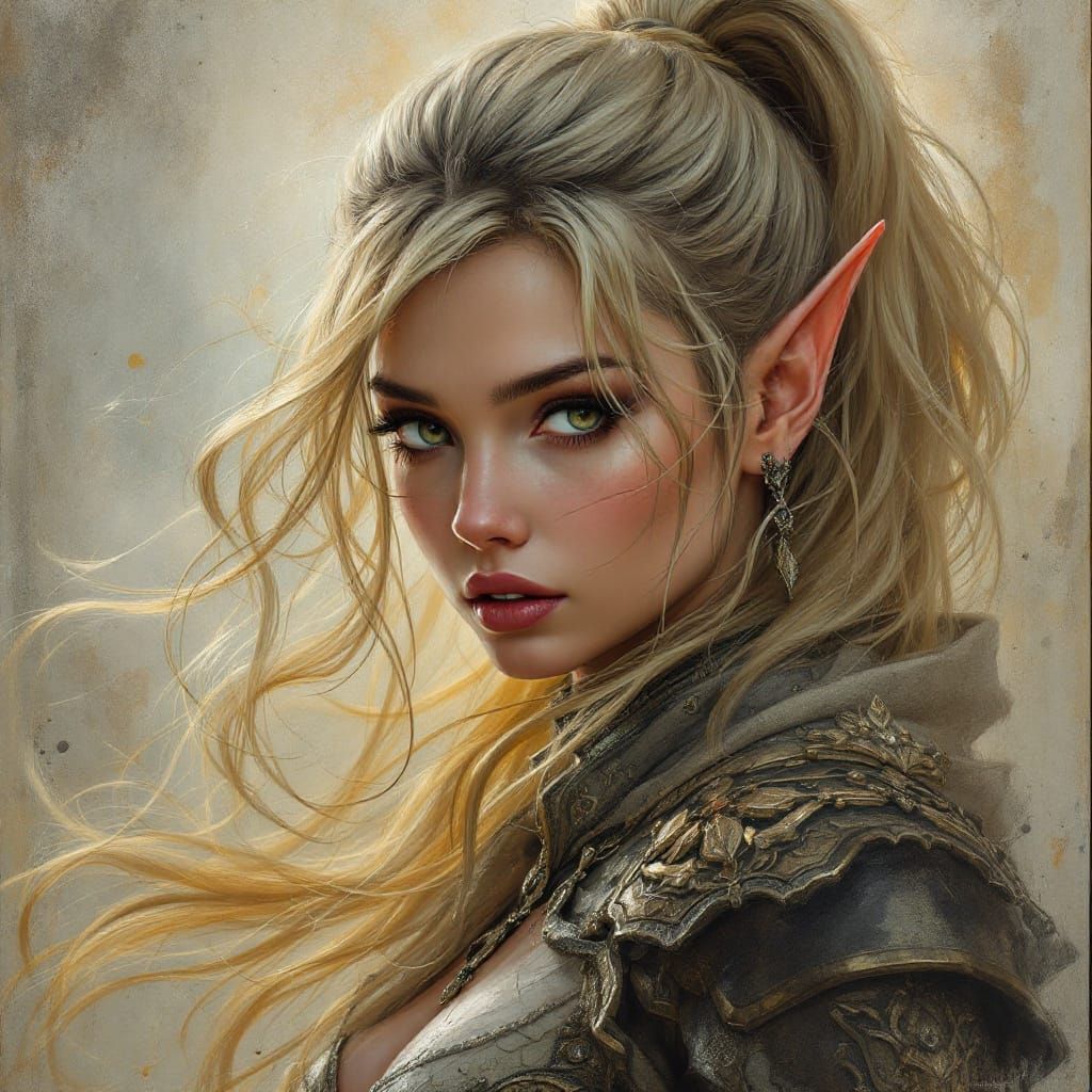 Elven Woman in Ornate Armor, Ink and Oil Style